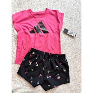 Adidas Girls Pink Glitter Logo T-Shirt and Black Printed Shorts Set Size 6X